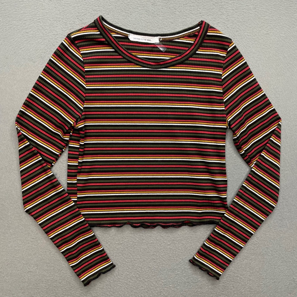 Caution To The Wind Women L Y2K Grunge Striped Ribbed Crop Top Lettuce Hem